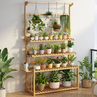 Wholesale Floor-Standing Flower Stand Against the Wall Balcony Indoor Storage Living Room Succulent Hanging Basket Orchid Pot Plant Solid Wood Color
