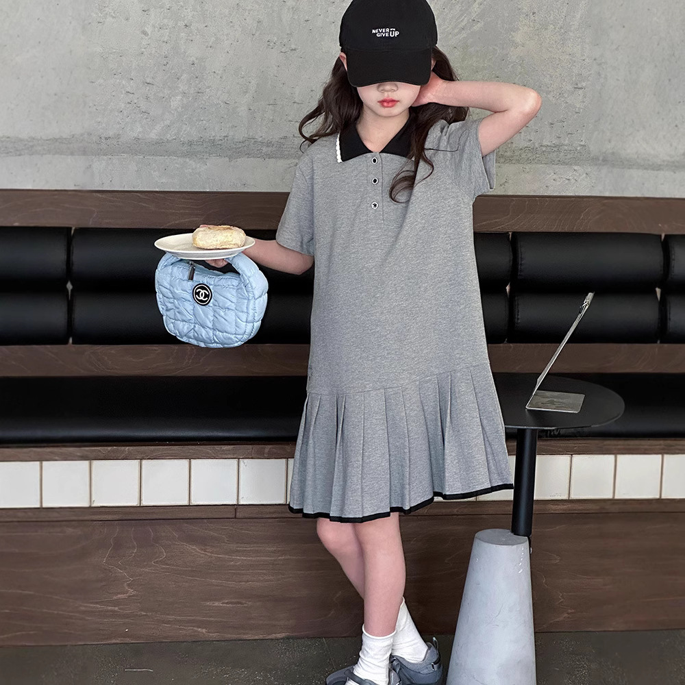 Girls Summer Style Gray Dress 2025 New Korean Style Sweet Polo Casual Short-Sleeved Skirt for Middle and Large Children