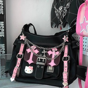 Original Niche Subculture Millennium Spice Girl Handbag Y2K Cool Girl Kitty Cat Black Pink Contrast Crossbody Bag