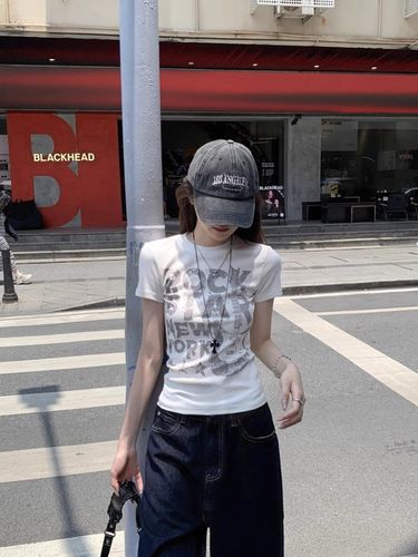 [210g, 40-count Pure Cotton] White Letter-Printed Crew-Neck Short-Sleeve T-Shirt for Women – Summer, Slim-Fit, and Figure-Slimming Fashion Top