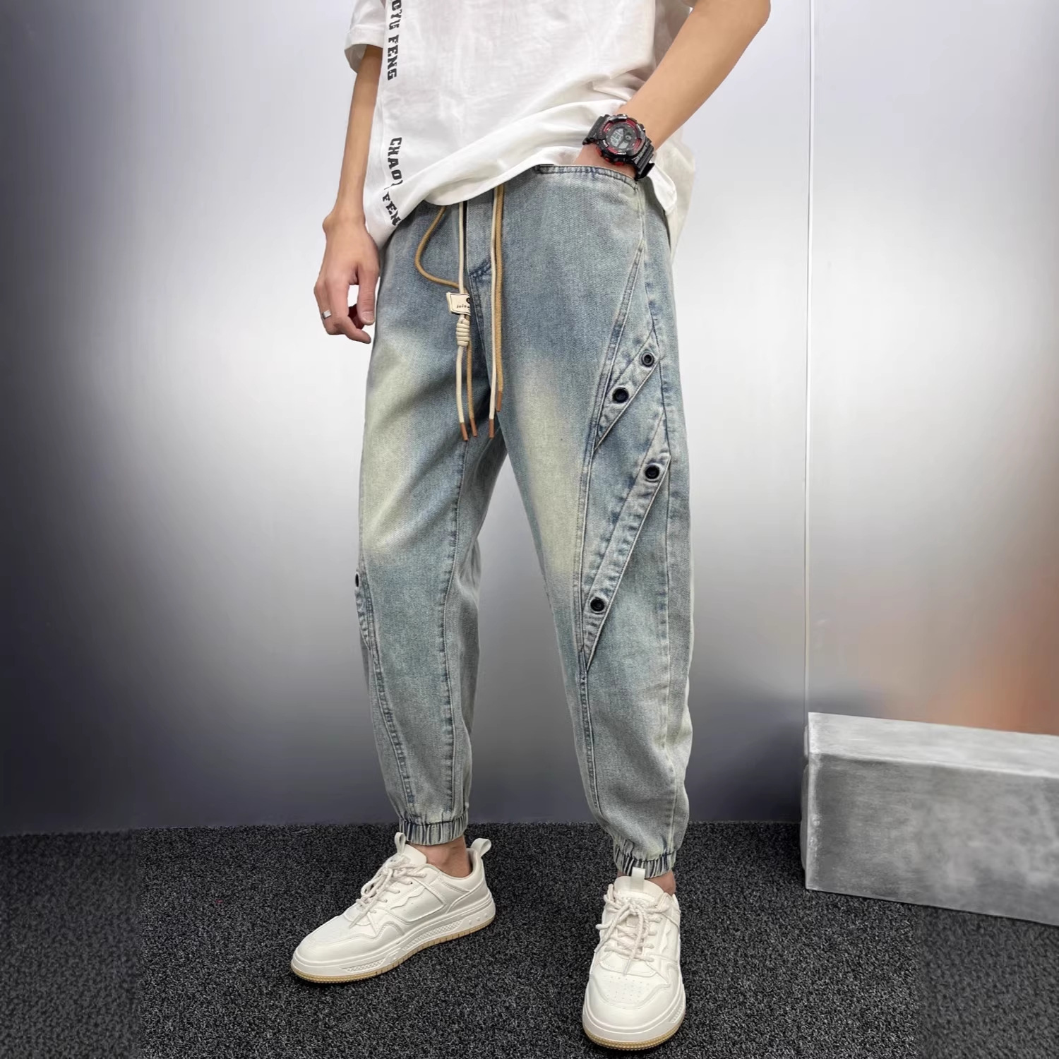 Men's Light Blue Distressed Denim Jeans - Trendy Patchwork Slim Fit Jogger Pants With Adjustable Cuffs, Loose Hip Hop Style_voghion.com