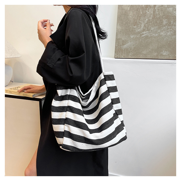 Laid-back striped canvas bag, Korean ins artistic color-blocking tote bag, large-capacity single-shoulder bag, shopping bag, large bag undefined