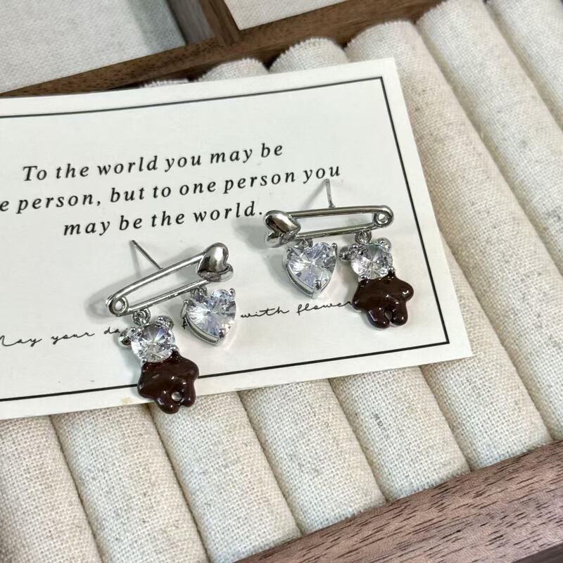 甜酷风别针爱心小熊流苏耳环女个性轻奢高级感镶钻耳钉独特耳饰潮|undefined