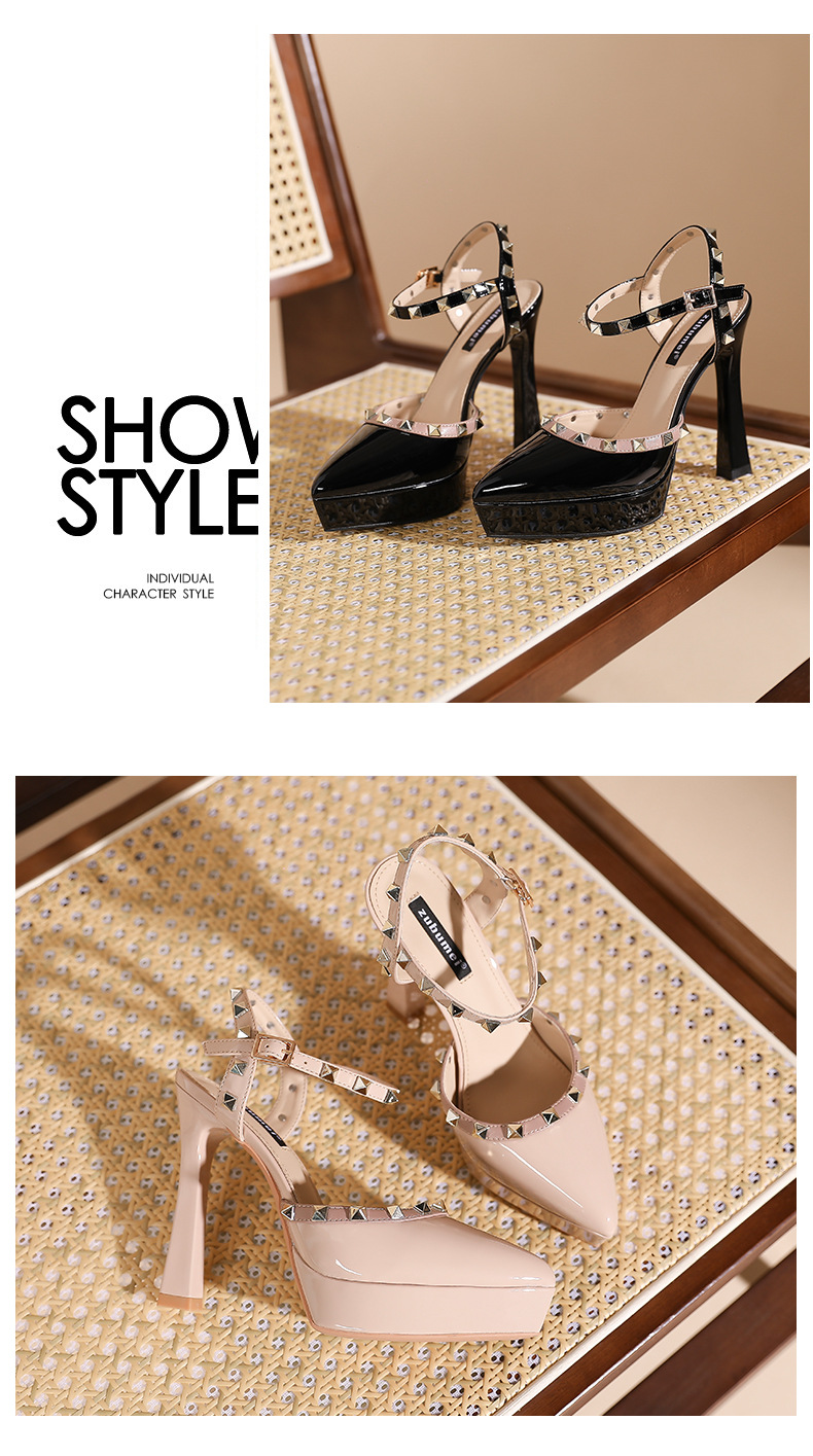 Sandal cao gót nữ mũi nhọn đinh tán gót nhọn — Màu đen chi tiết 9