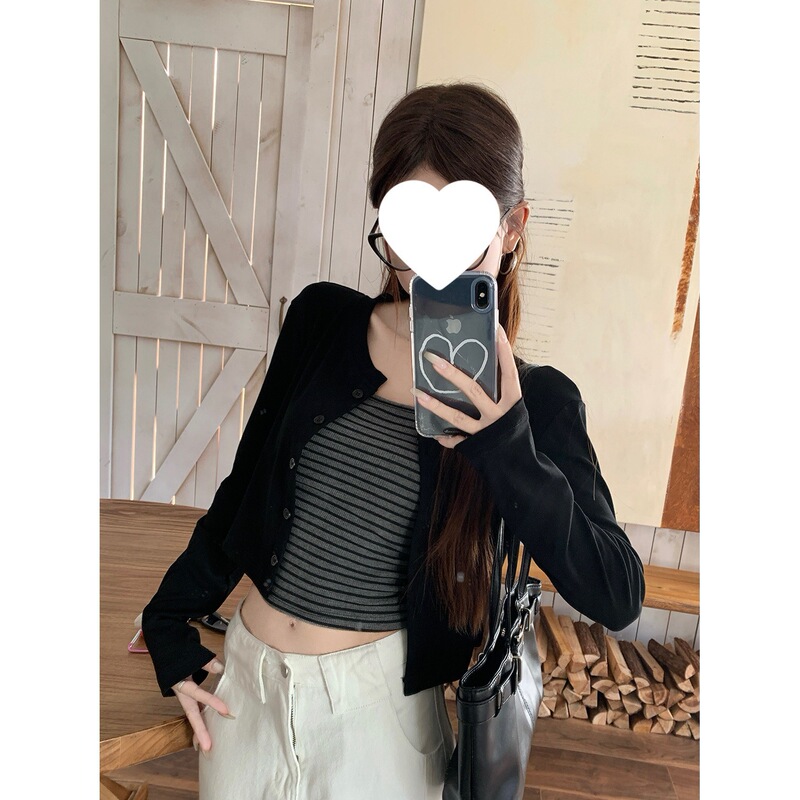 Cross-Border In-Stock Korean-Style Design Pure Cotton Long-Sleeve Cardigan Striped Tank Top New Sweet and Spicy Fashion Set for Women Cross-Border In-Stock Korean-Style Design Pure Cotton Long-Sleeve Cardigan Striped Tank Top New Sweet and Spicy Fashion Set for Women