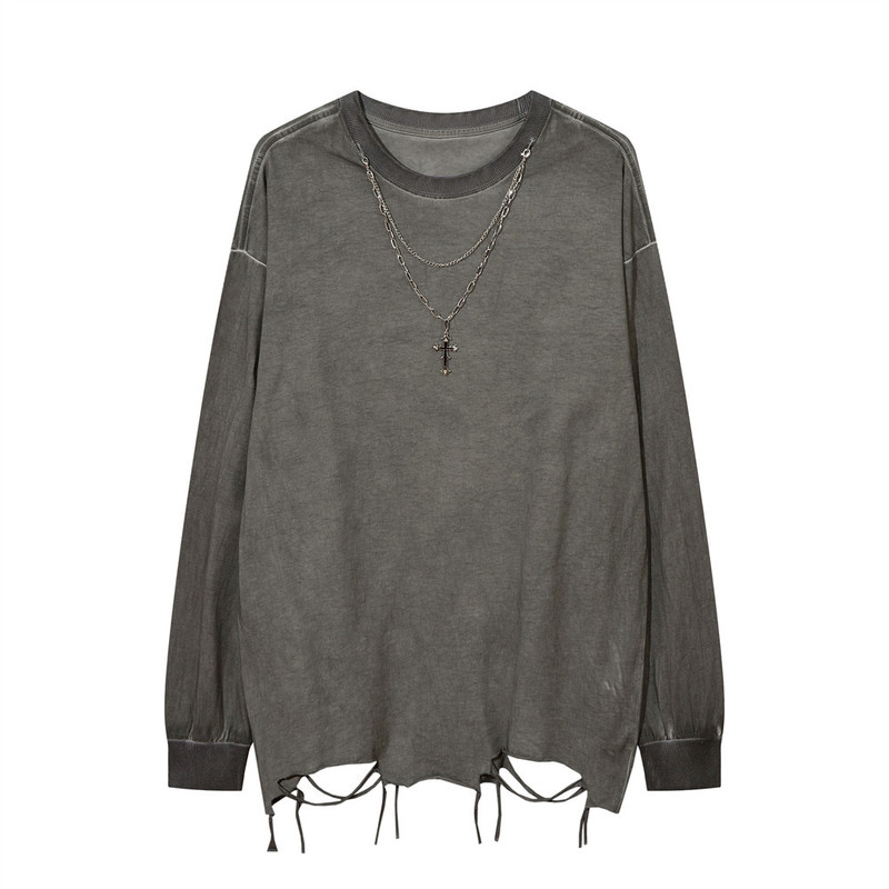 Distressed dirty long-sleeved T-shirt men's fashion brand punk lazy hem cut ripped necklace decorative top spring and autumn