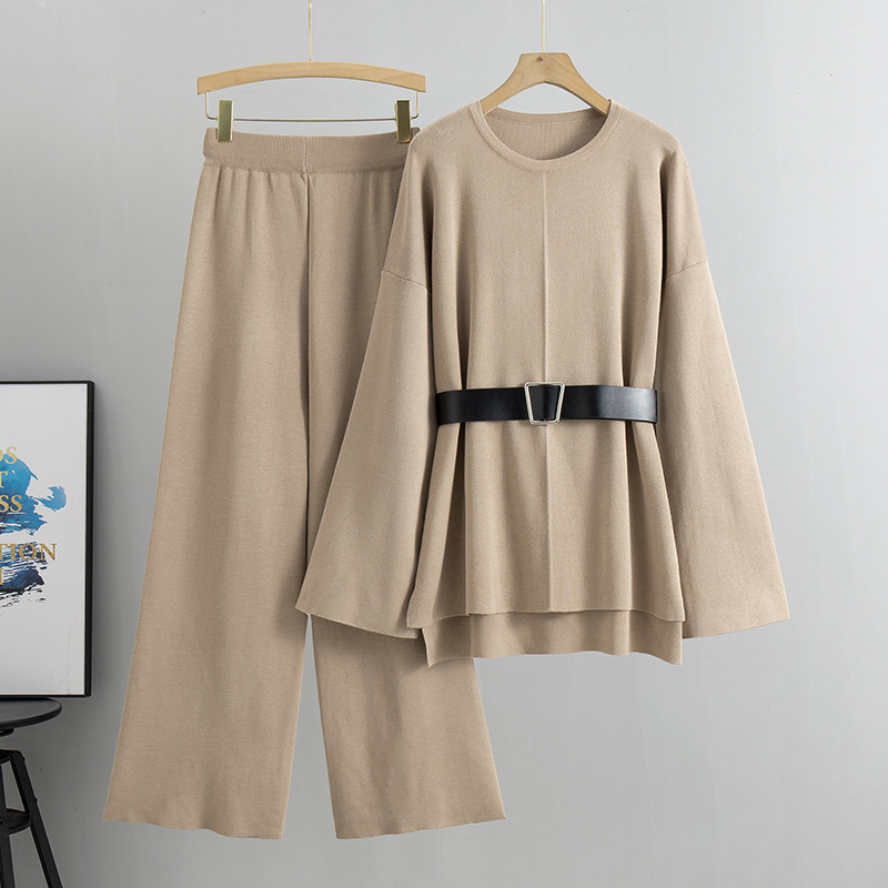 Cross-Border Foreign Trade Amazon Knitted Wide-Leg Pants Sweater Suit Women's Autumn and Winter New Loose Fashion Elegant Two-Piece Set Cross-Border Foreign Trade Amazon Knitted Wide-Leg Pants Sweater Suit Women's Autumn and Winter New Loose Fashion Elegant Two-Piece Set