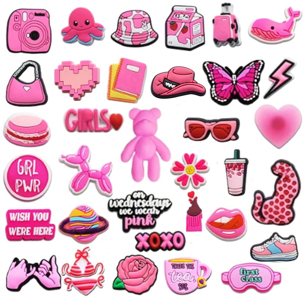 Nuevos dijes rosas para zuecos, clips desmontables para zapatos Crocs para niños y niñas, accesorios DIY para zapatos de jardín.