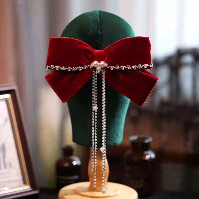 Velvet rojo gran abrazadera de cabello de arco de novia brindis de boda toque de cabeza conjunto de pendientes de compromiso de mujer temperamento de cabello