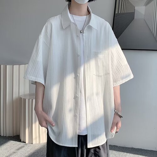 Original Host Minimalist Men's Style Summer Shirt New Youth Trendy Short-Sleeve Daily Wear Square Collar Fashion Striped Loose Top