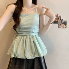 女性用フレンチプリーツフラワーバドキャミソール、夏のドーパミン美しいベビードールシャツ、アウターウェア用の高級ノースリーブトップ