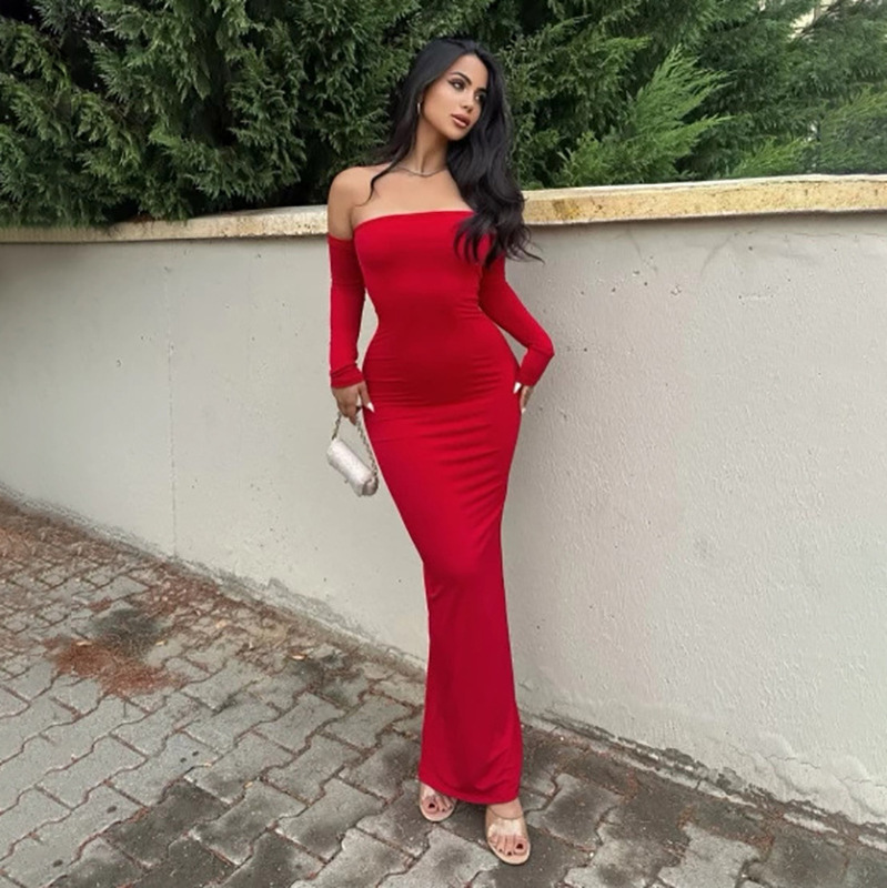 European and American Foreign Trade Women's Clothing Sexy Hot Girl Off-Shoulder Chest-Wrapped Sleeves Slim Fit Hip Slit Dress Wholesale