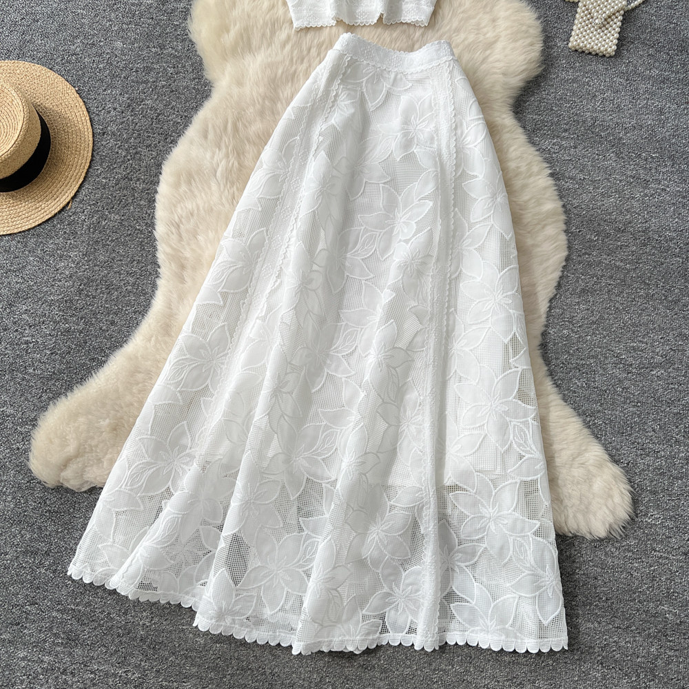 French Style Lace Openwork Two Piece Vest And Skirt Set Elegant_voghion.com