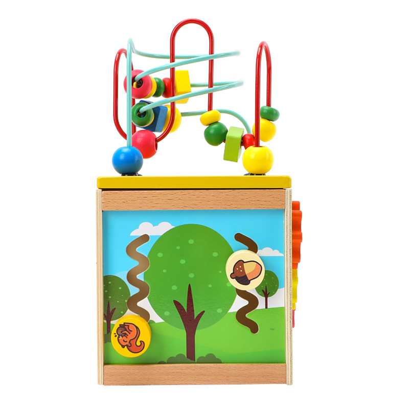 Caja de juguetes multifuncional con cuentas 5 en 1 mini forma cognitiva caja de tesoros de madera para niños bebés y niños pequeños