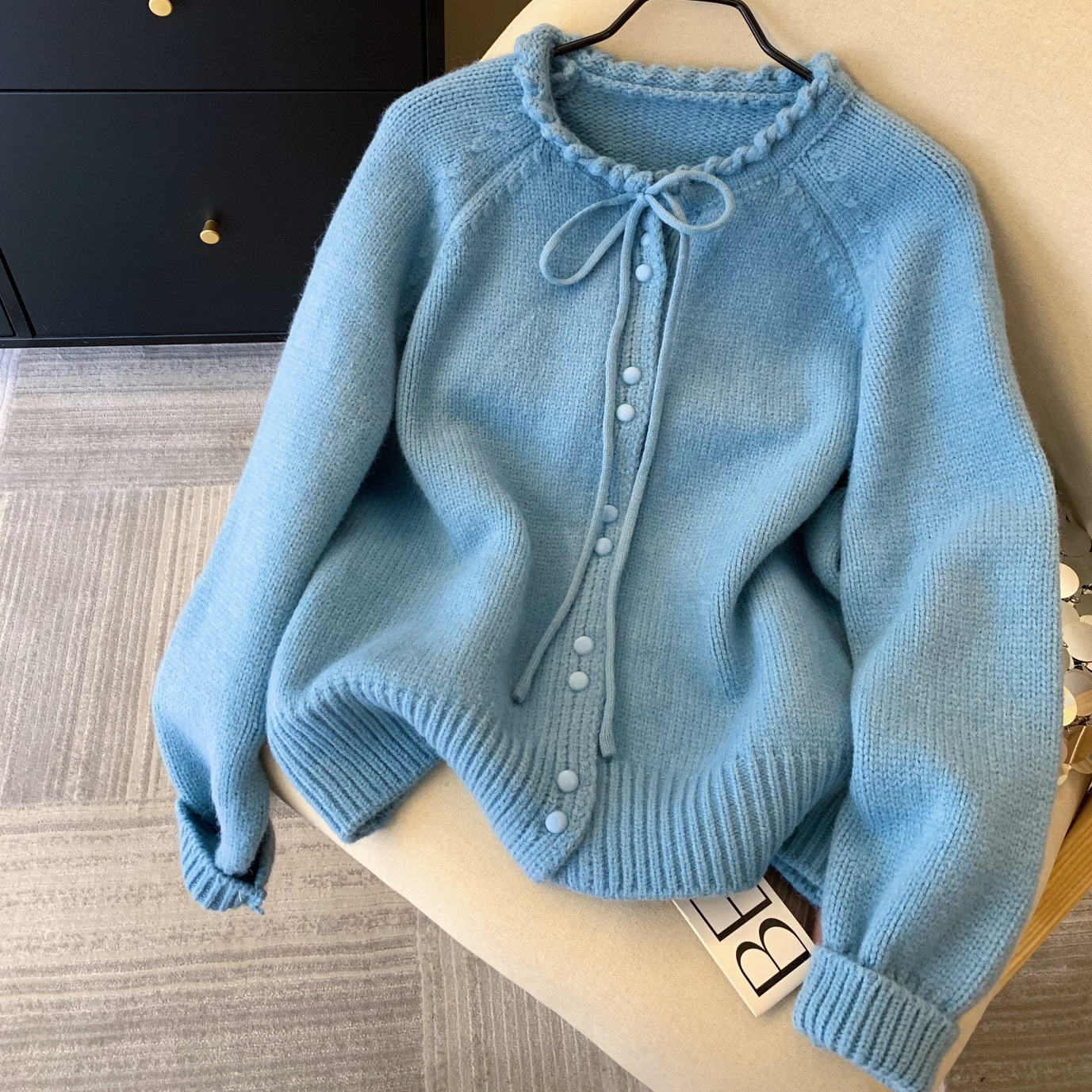 Gentle Style Round Neck Lace-Up Two-Button Knitted Cardigan for Women Autumn and Winter New Loose Fashion Versatile Sweater Jacket Trendy