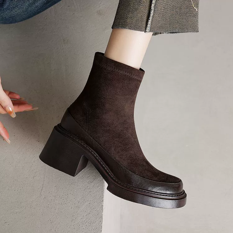 Французские ретро толстые ботинки на каблуках женские 2024 новые зимние круглые головы кожаные толстые тощие ботинки дикие ботинки челси