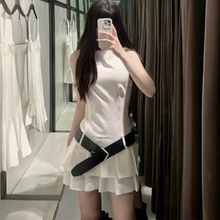Zatrax-2024秋季新款配腰带宽褶连体裤式连衣裙女式迷你连衣裙
