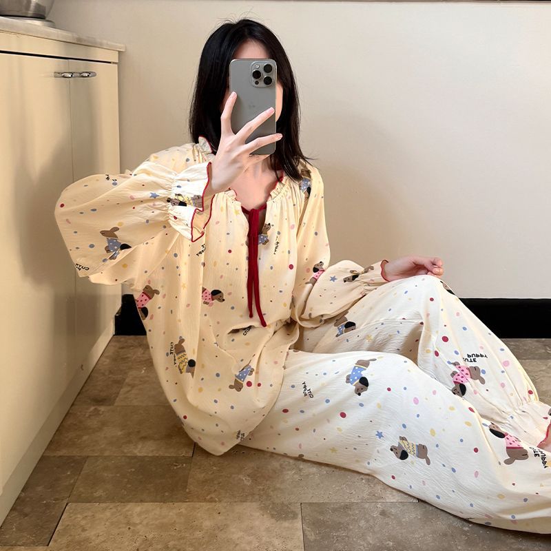 Al por mayor transfronterizo de otoño nubes de algodón cuello redondo mangas largas pantalones pijamas de mujer trajes creativos princesas estilo coreano ropa para el hogar