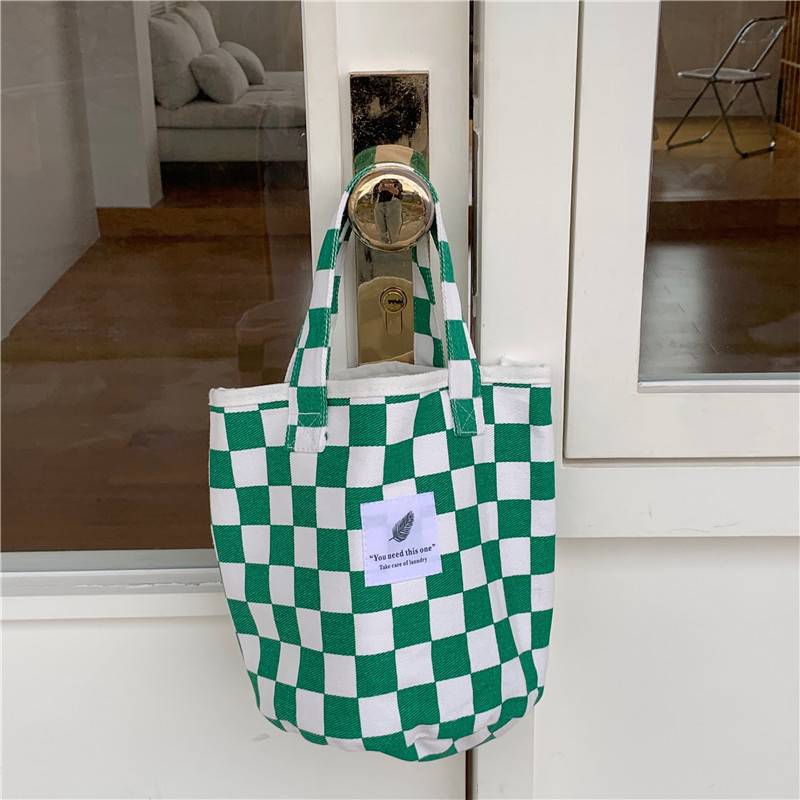【 In Stock 】18181 checkerboard green checkered canvas bag, school-style commuter single-shoulder bag, retro hand-held tote bag undefined