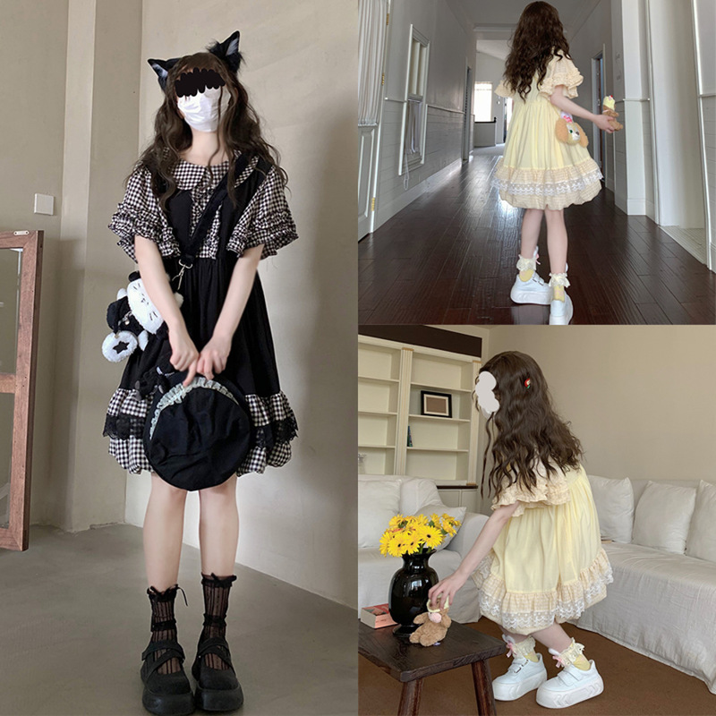 Sweet Preppy Style Petite Puff Sleeve Doll Collar Summer Slimming Flower Bud A-Line Short Dress for Female Students Sweet Preppy Style Petite Puff Sleeve Doll Collar Summer Slimming Flower Bud A-Line Short Dress for Female Students