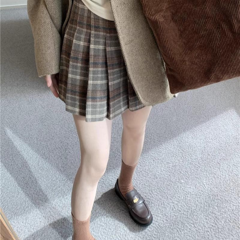 复古格纹毛呢半身裙女大码春秋呢子百褶裙胖mm遮肚防走光a字短裙|undefined