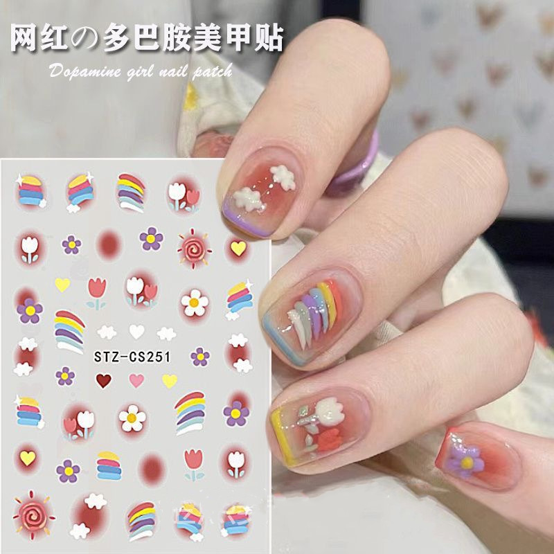Internet Celebrity Dopamine Girl Nail Art Sticker Japanese Candy Color Small Rainbow Tulip Graffiti Five-pointed Star Nail Sticker