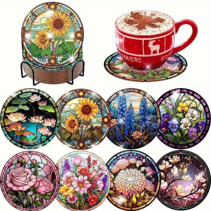 Ventas transfronterizas calientes de 8 piezas de conjunto de cojín de taza de arte de diamante, con soporte, pequeño conjunto de pintura de diamante, adecuado para adultos