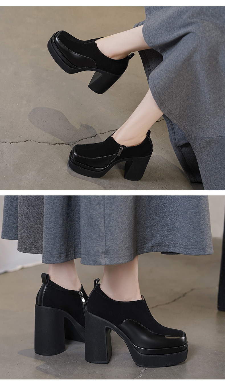 Giày cao gót nữ mũi vuông đế xuồng platform gót vuông 9 cm, phối màu tương phản, form dáng loafer — màu nâu, màu đen chi tiết 4