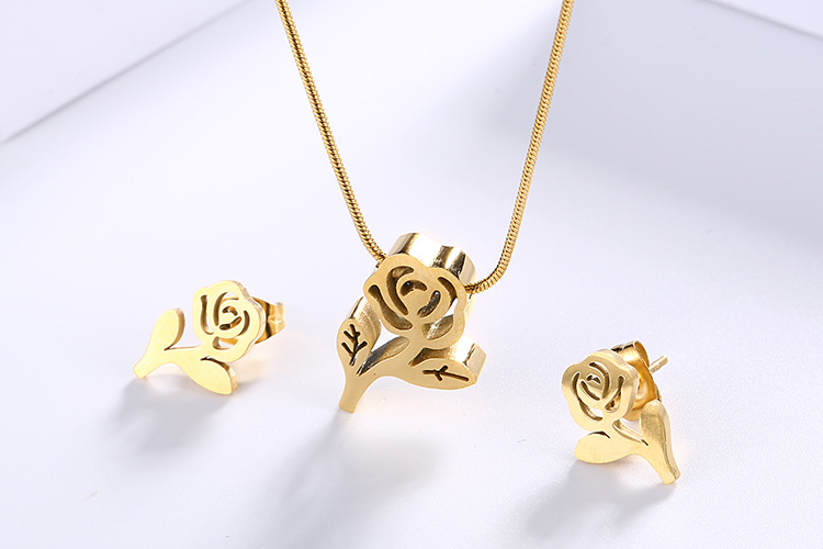 Wholesale Fashion Creative Rose Flower Snake Chain Stainless Steel Women Earrings Necklace Set