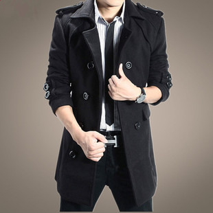 2023 new 3XL trench coat with belt mid-length slim-fit simple all-match epaulettes stylish men's woolen coat