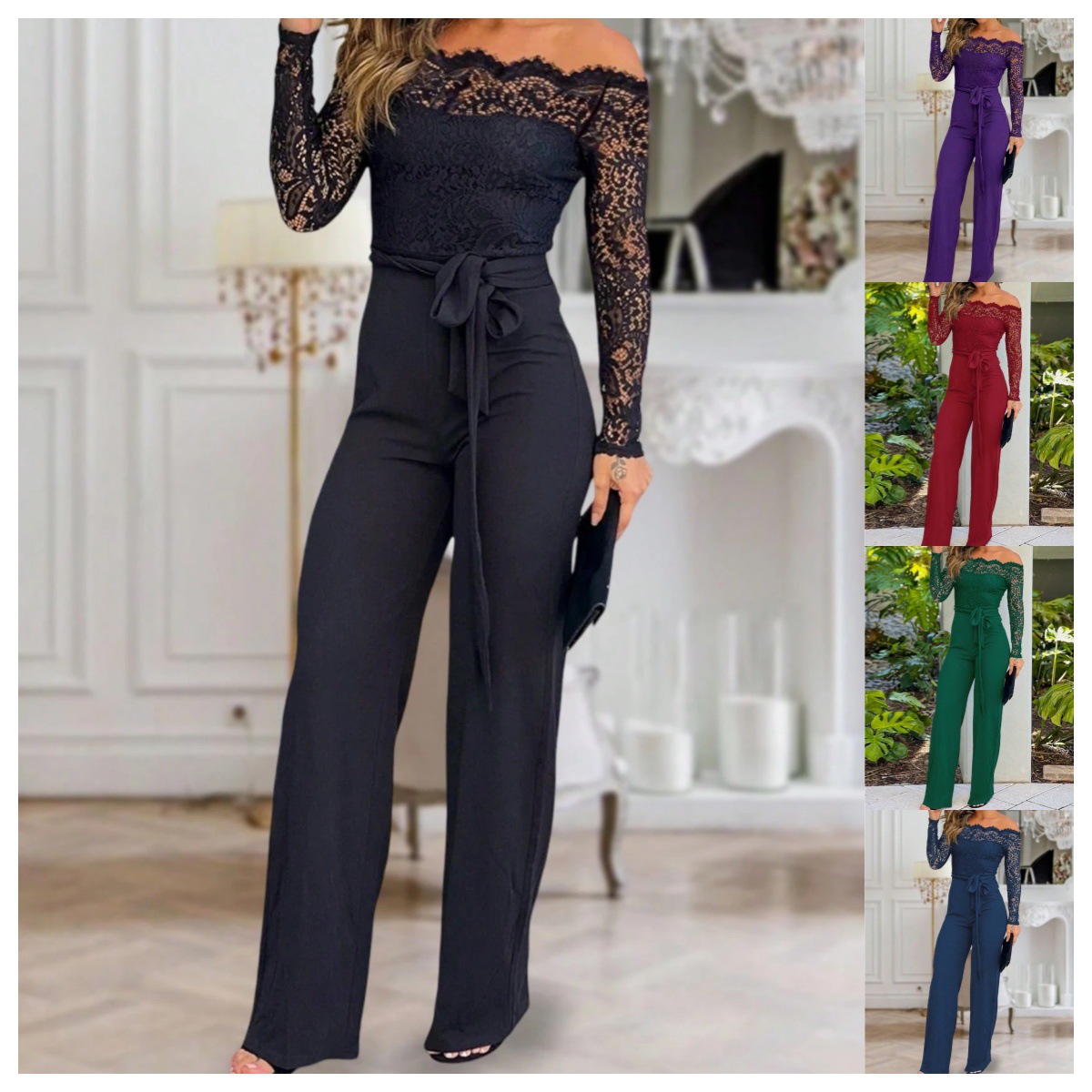 Amazon Foreign Trade European and American Clothing 2025 Autumn and Winter Casual Women's Lace One-Line Collar Wide-Leg Jumpsuit for Women