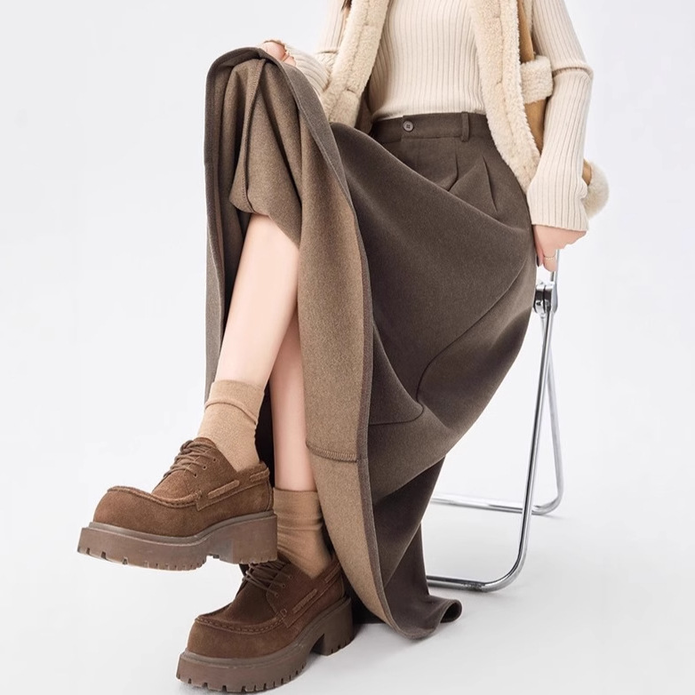 Brown Woolen Suit Skirt for Women in Autumn and Winter New Thickeneded High-Waisted A-Line Mid-Length Draped Large Hem Umbrella Skirt A8962