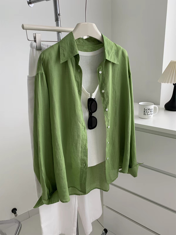 Light green cotton-linen sun protection shirt for women, elegant Korean style, drapey and breathable ramie shirt, thin air-conditioning shirt for summer Light green cotton-linen sun protection shirt for women, elegant Korean style, drapey and breathable ramie shirt, thin air-conditioning shirt for summer