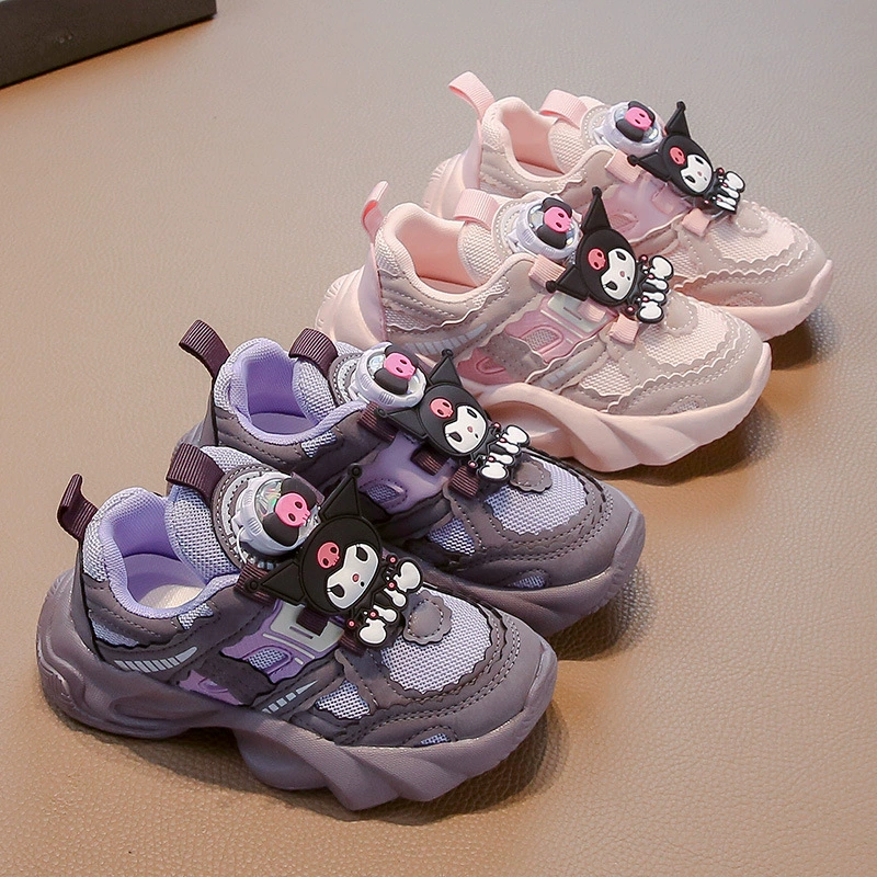 Детские кроссовки Kuromi на кнопках, весна-осень 2025, новые, нескользящие, спортивные, для детей постарше, модный тренд.