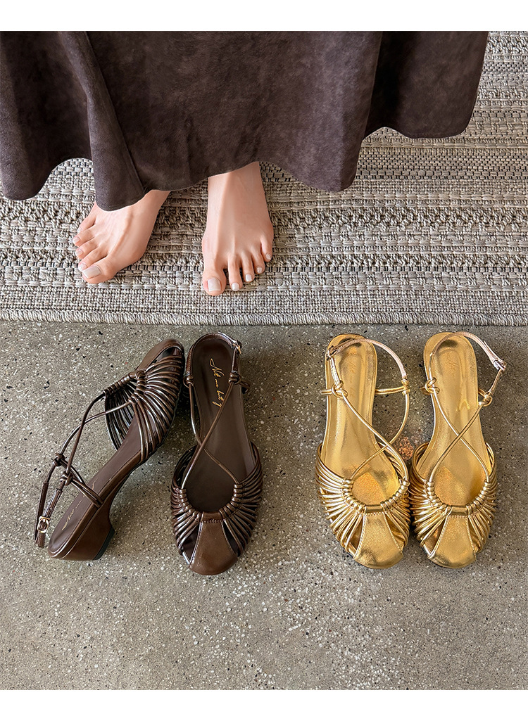 Sandal nữ quai mảnh buộc chéo gót trung bình phong cách Hàn Quốc — màu nâu chi tiết 6
