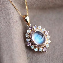 欧美风月光石镶嵌粉蓝钻石吊坠项链女新款轻奢洋气时尚优雅精致