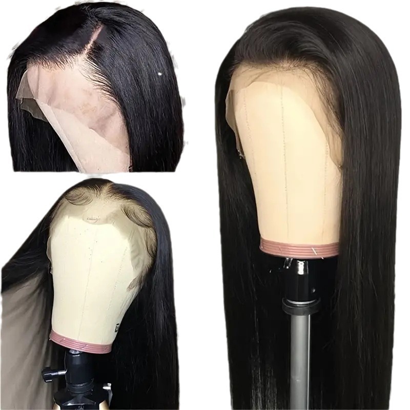 Parrucca con capelli lunghi e lisci, riga centrale, copertura completa della testa, 13 x 4 cm, con frontale in pizzo e extension sintetiche._voghion.com