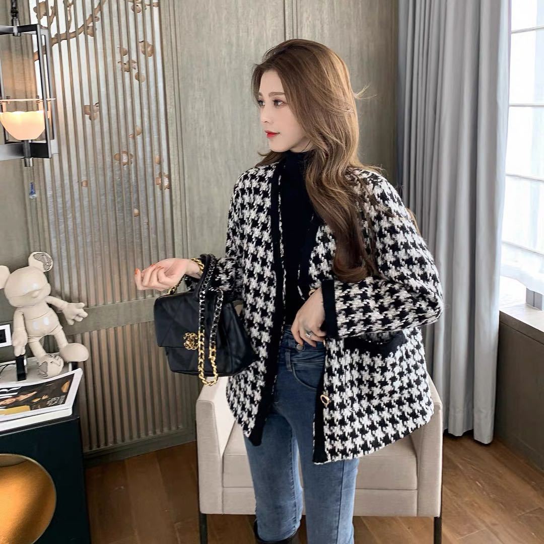 Chanel-Style Houndstooth Tweed Jacket for Women, Autumn and Winter Korean Version, Loose Socialite Temperament Baseball Jacket, Ins Short Top