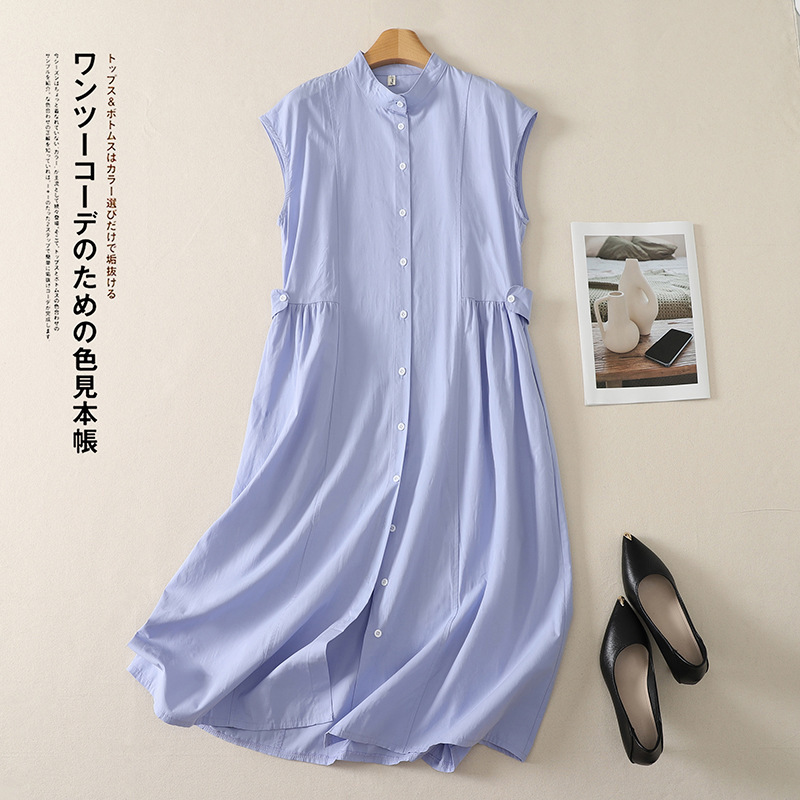 Retro Small Stand-Up Collar Shirt Dress, Loose Casual Style, High-Waisted, Slimming, Straight Mid-Length Skirt Retro Small Stand-Up Collar Shirt Dress, Loose Casual Style, High-Waisted, Slimming, Straight Mid-Length Skirt