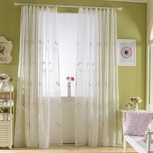 高档布艺窗纱批发棉麻绣花蝴蝶蒲公英棉成品白色粉色客厅飘窗