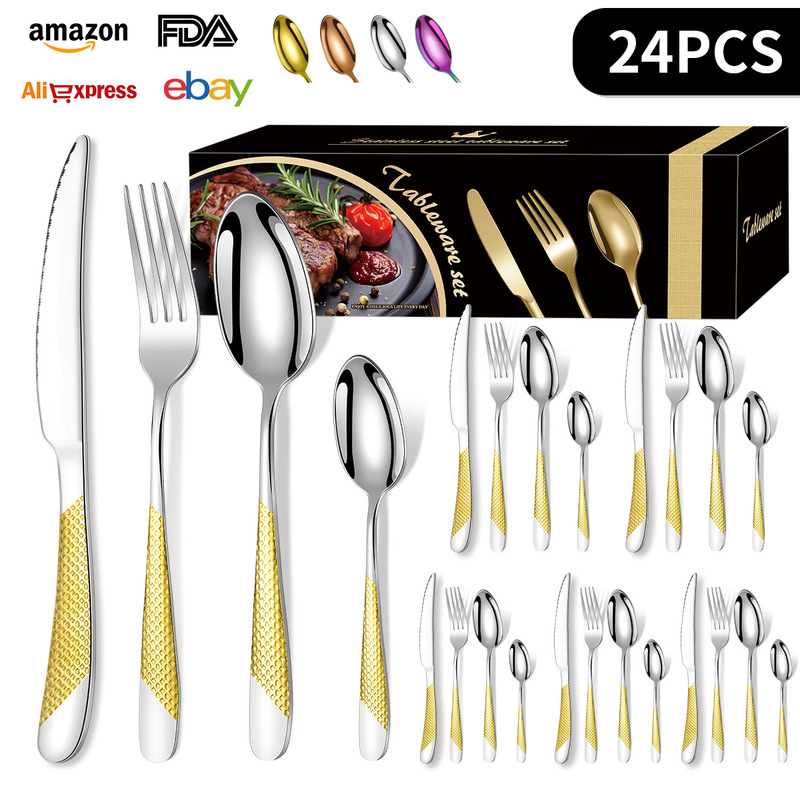 Amazon Cross-border Stainless Steel Tableware 24 Pieces suit Star Diamond Gold Plated 4 Main Pieces Simple Box Western Steak Knife, Fork and Spoon