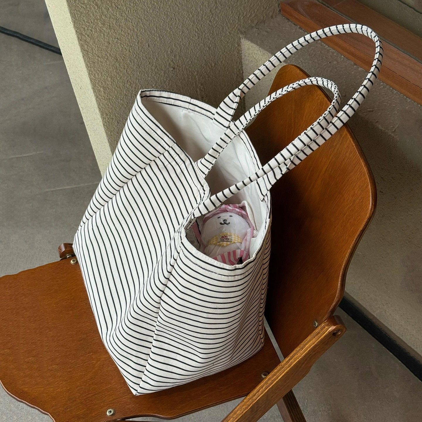 Korean Style High-Appearance Striped Canvas Tote Bag Large Capacity New Model Commute Handbag Single Shoulder Bag Women Shopping Bag