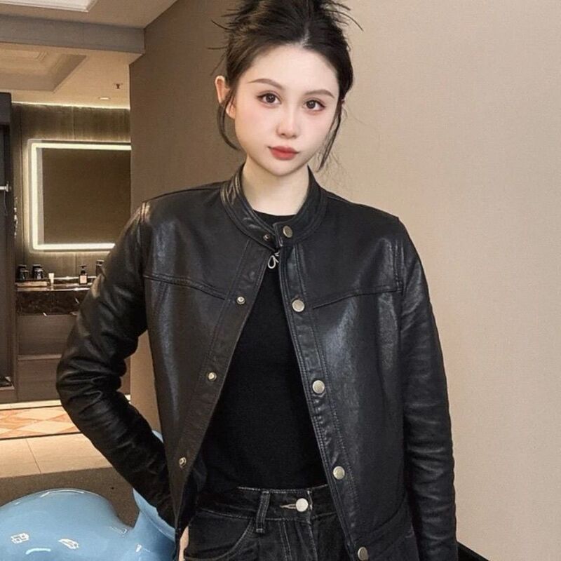 Haining Leather Jacket Women's Korean Style Short Small Stand-Up Collar Motorcycle Retro Leather Jacket 2025 Spring and Autum New Style