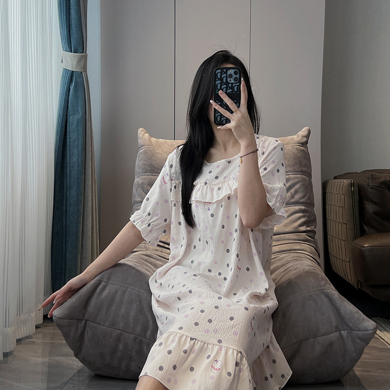 Summer Nightgown for Women, Korean Style, Short-Sleeved, Cute and Sweet, Lotus Leaf Lace, Popular Loose-Fitting Sleepwear, Maternity Loungewear, Home Wear