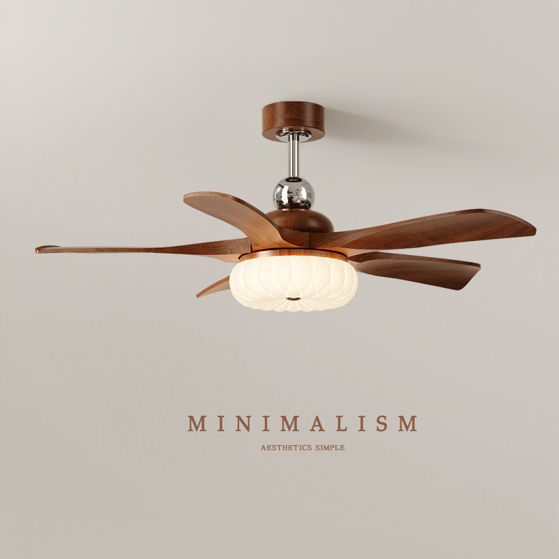 French Mid-Century Style Straight Leaf Bedroom Ceiling Fan Lamp Simple Walnut Color Cream Style Restaurant Room Fan Integrated Lamp
