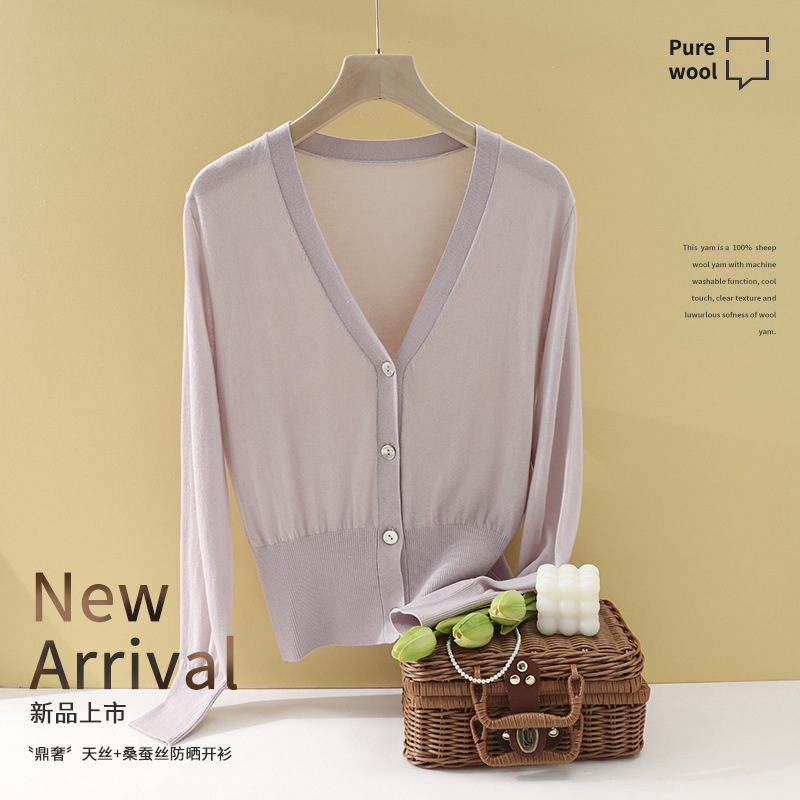 "Simple Luxury" Mulberry Silk Tencel Spring and Summer Knitted Small Shirt All-match Naked Sense No Pressure External Silk Cardigan for Women "Simple Luxury" Mulberry Silk Tencel Spring and Summer Knitted Small Shirt All-match Naked Sense No Pressure External Silk Cardigan for Women