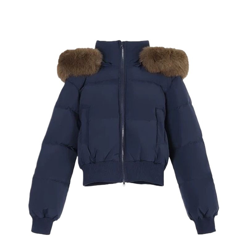 2025新款棉服女冬季欧美外贸藏青色连帽毛领短款棉衣面包服外套厚|undefined