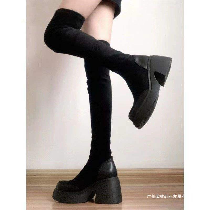 Extra Long Over-The-Knee Boots for Women, Slimming Look, Thigh-Covering Platform Thick-Soled Boots, European and American Fashion High-Heeled High-Top Elastic Slim Boots