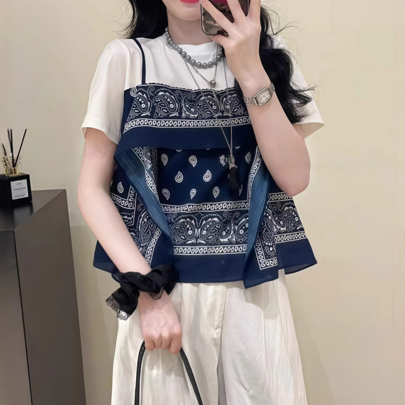 夏の女性向けエスニック風半袖Tシャツ、小さめ、ユニークなデザイン、おしゃれなフェイクツーピース半袖トップス|undefined