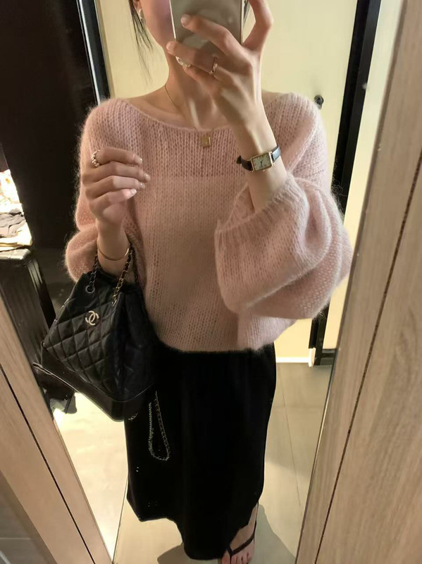 逆天版型25秋季韩系温柔粉色套头毛衣女宽松软糯薄款灯笼袖针织衫|undefined
